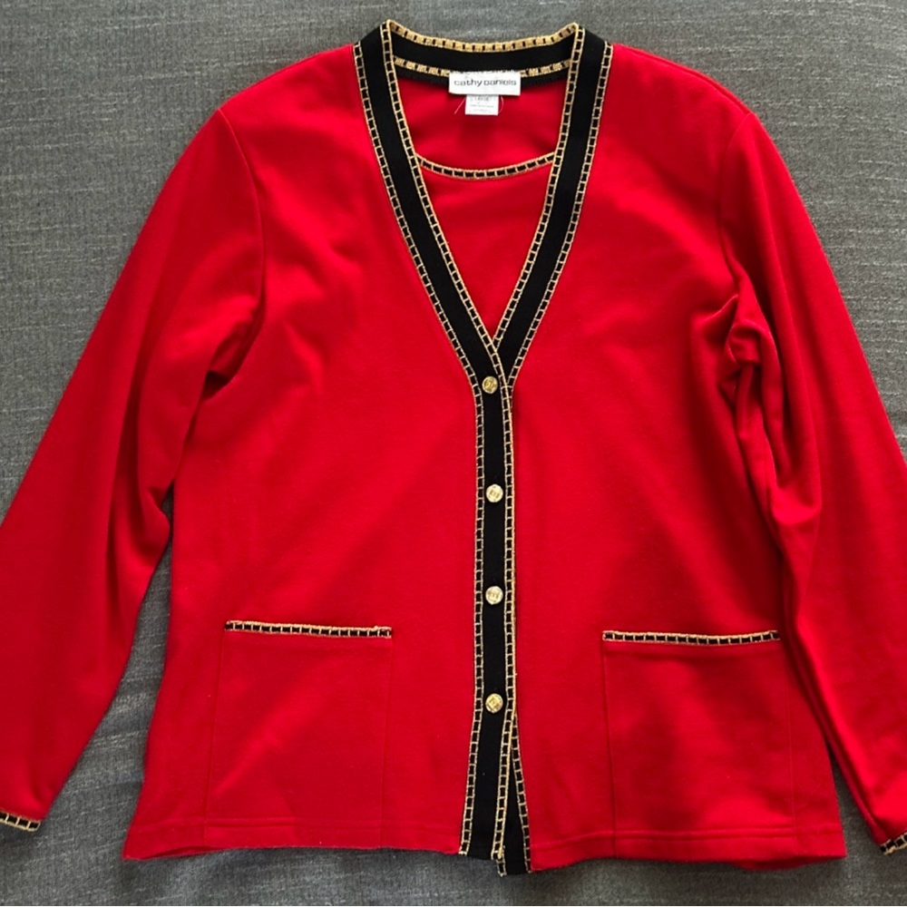 Cathy Daniels Red and Black Cardigan with Gold Accents size Large